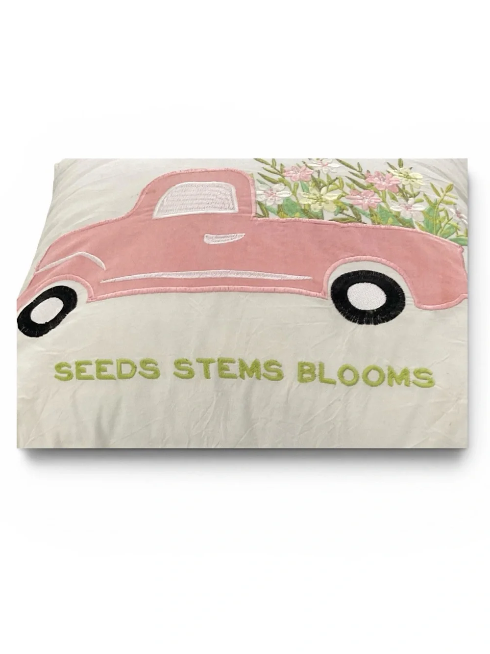 PILLOW Decorative Farm Fresh Flowers Pink Truck Embroidered Throw Pillow NWT